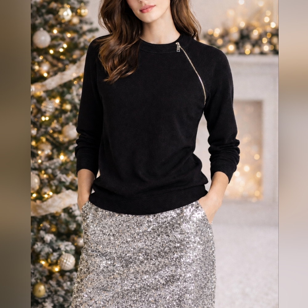 Designers Original Luxelon Black Rhinestone Zip Sweater | 2X